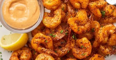 Crispy air fryer shrimp served on a plate with herbs and lemon wedges.
