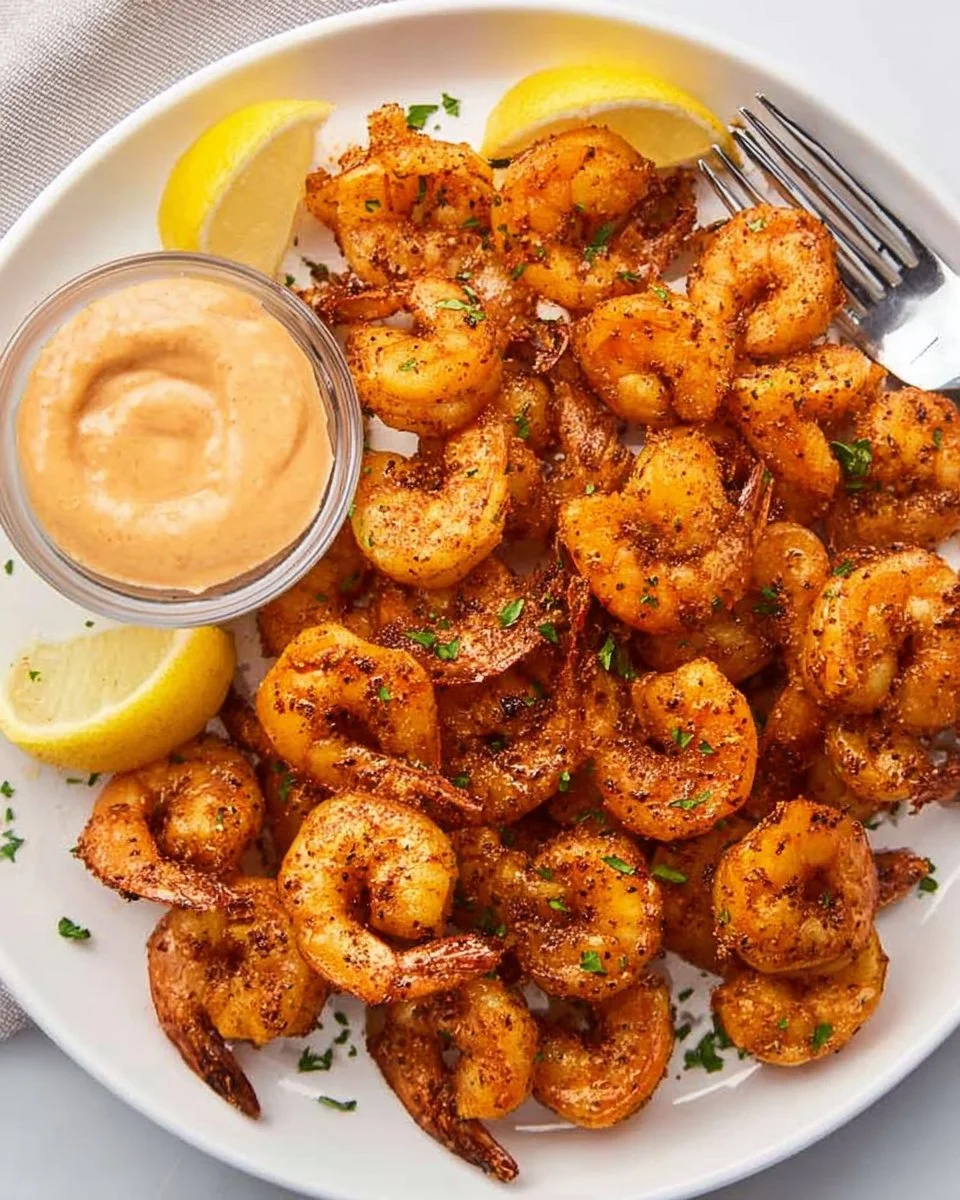 Crispy air fryer shrimp served on a plate with herbs and lemon wedges.