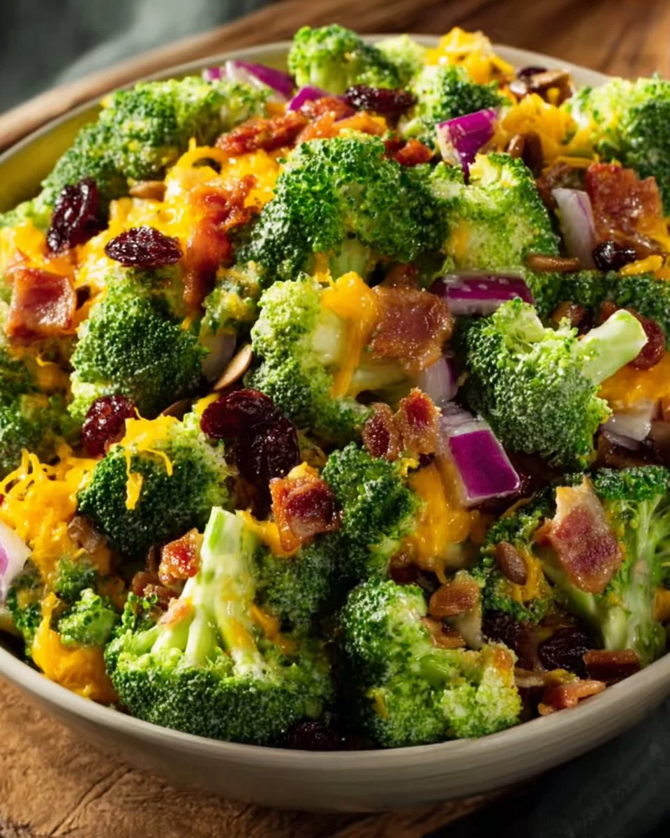 Amish Broccoli Cheddar Salad with fresh broccoli, cheese, and dressing in a bowl