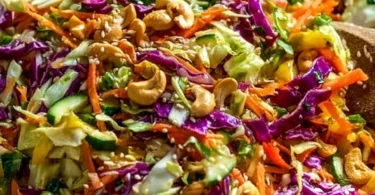 A colorful Asian Crunch Salad with vibrant vegetables and crunchy toppings