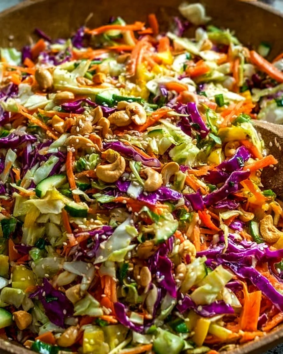 A colorful Asian Crunch Salad with vibrant vegetables and crunchy toppings
