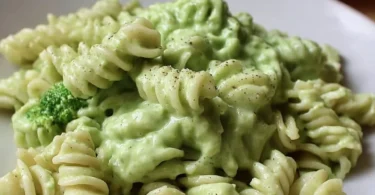 Creamy avocado broccoli pasta served in a bowl with fresh herbs on top