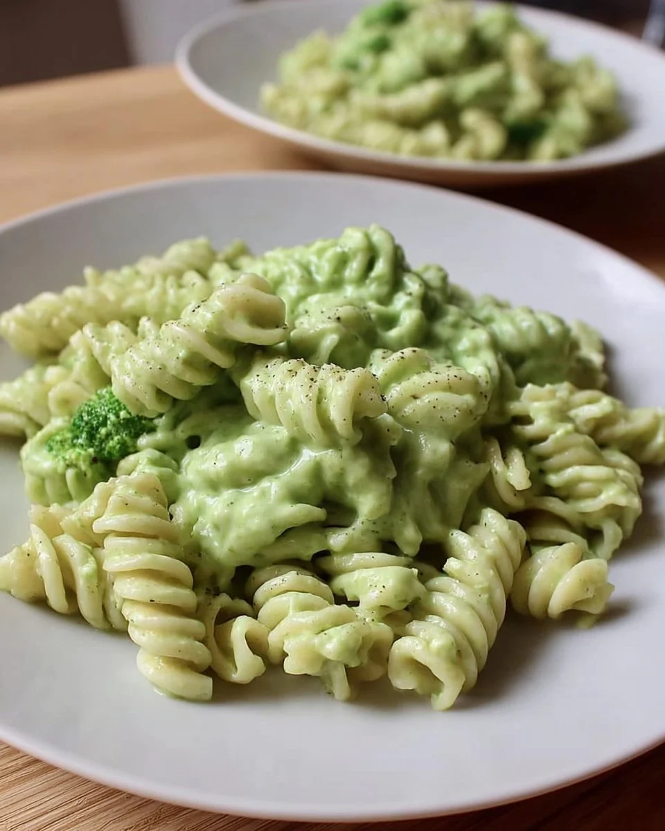 Creamy avocado broccoli pasta served in a bowl with fresh herbs on top