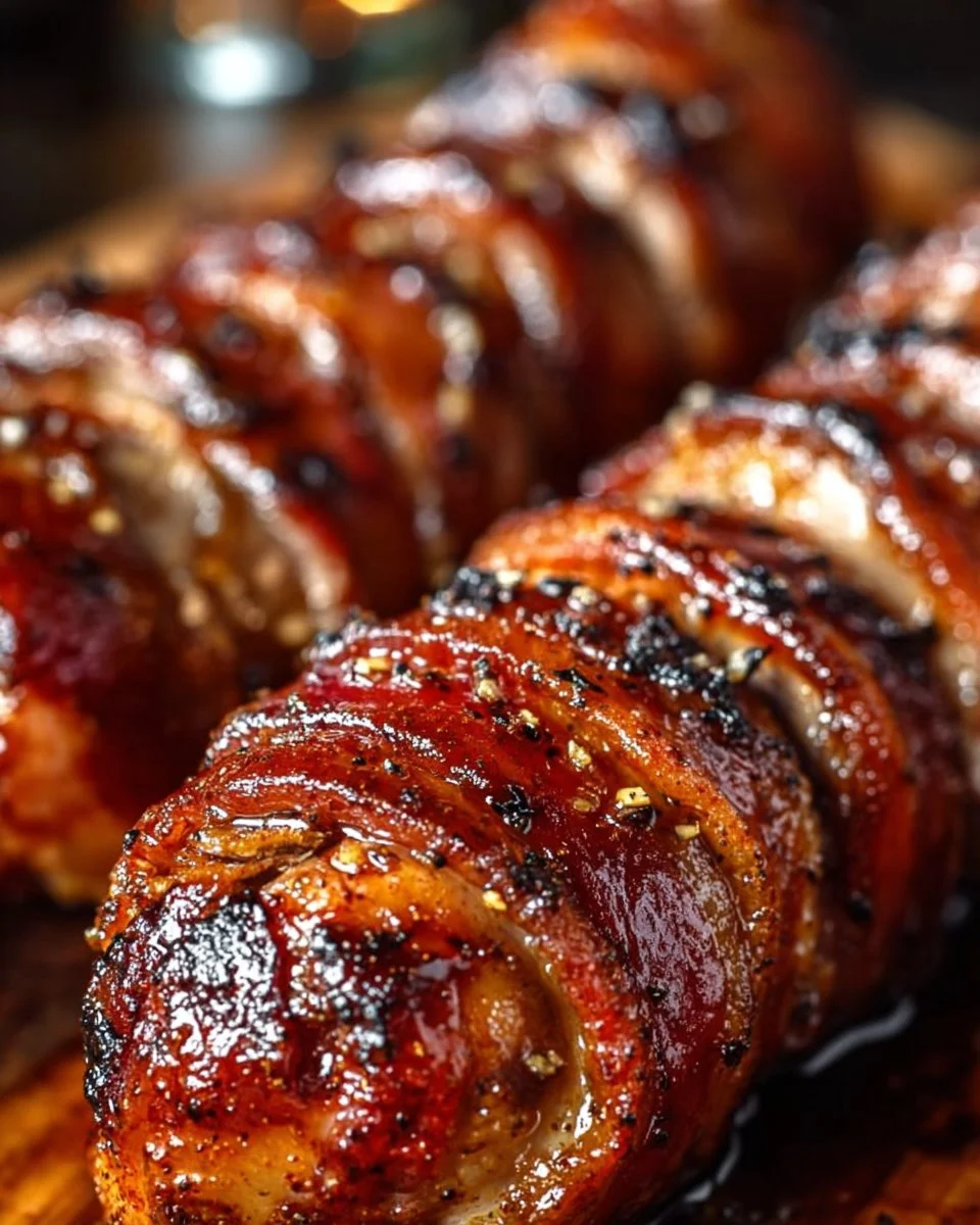 Bacon Brown Sugar Pork Tenderloin garnished and ready to serve