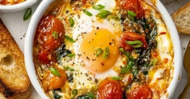 Baked feta eggs topped with tomatoes and spinach in a rustic dish