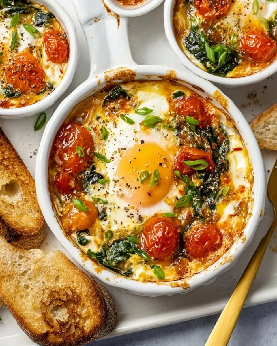 Baked feta eggs topped with tomatoes and spinach in a rustic dish