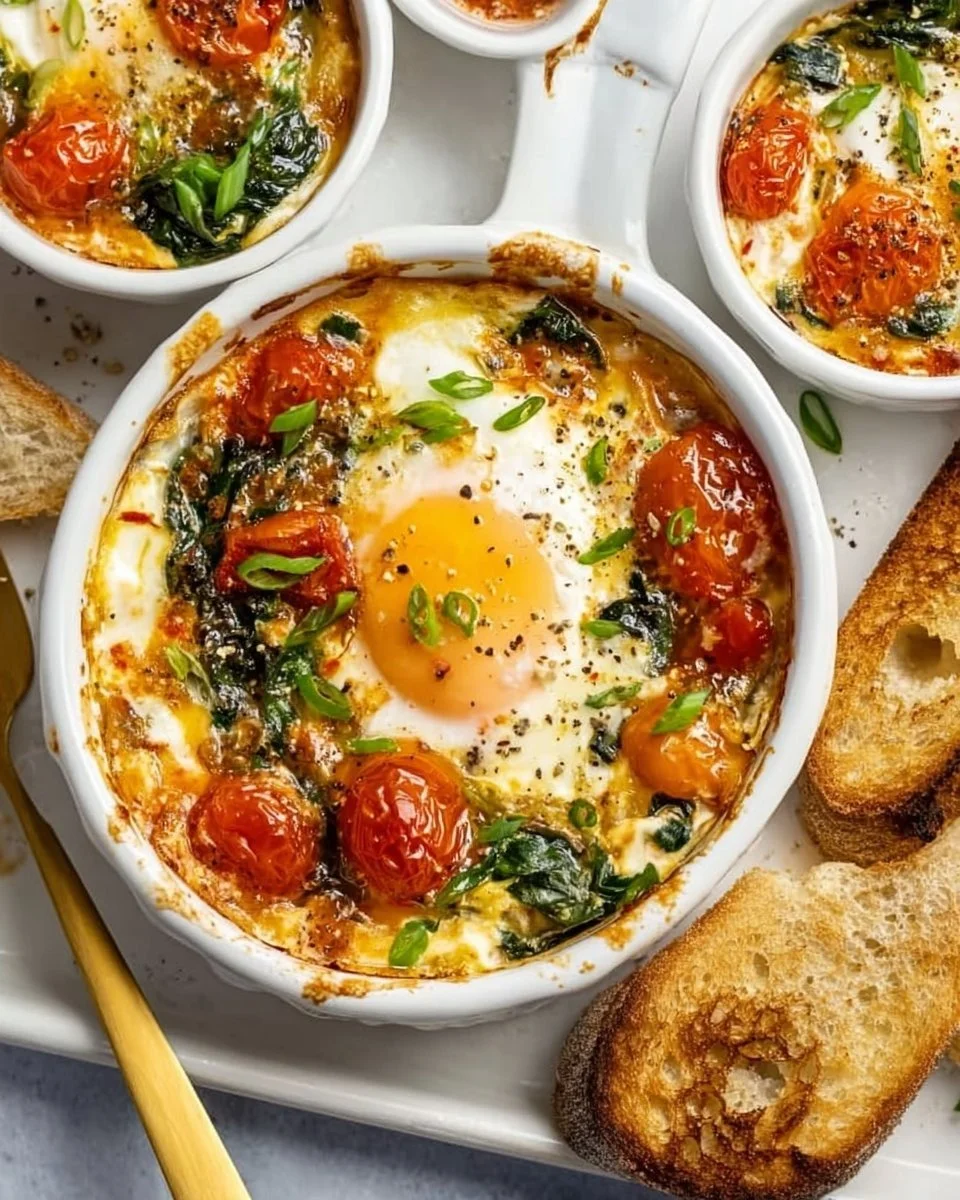 Baked Feta Eggs with Tomatoes and Spinach