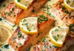 Baked salmon fillet drizzled with lemon butter cream sauce served on a plate