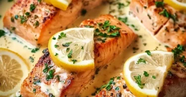 Baked salmon fillet drizzled with lemon butter cream sauce served on a plate