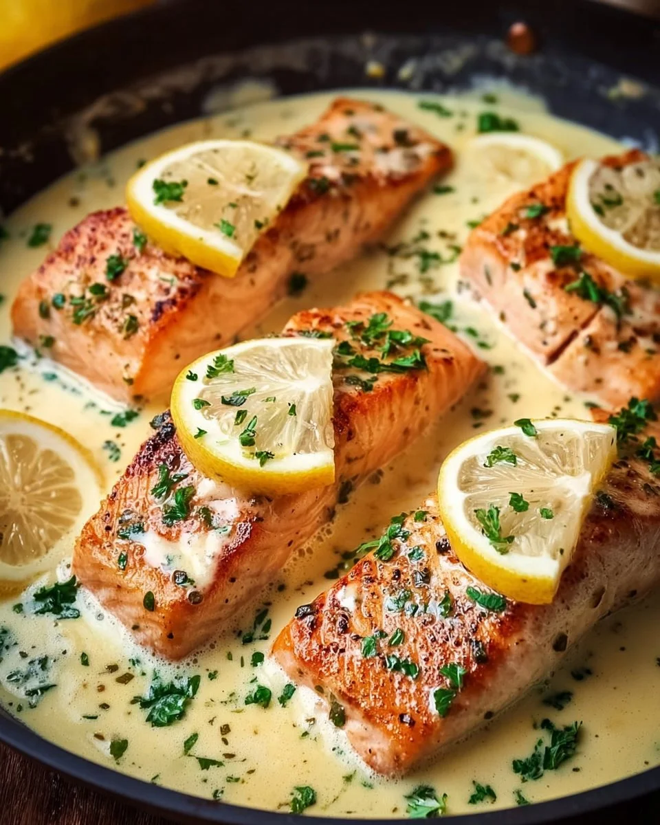 Baked salmon fillet drizzled with lemon butter cream sauce served on a plate