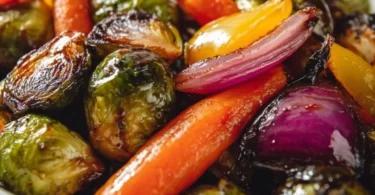 Balsamic glazed roasted vegetables served on a plate with a drizzle of glaze.