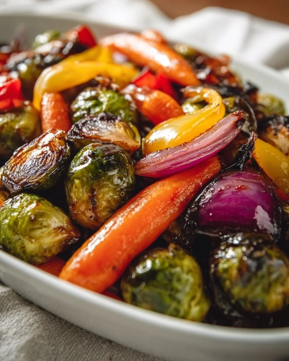 Balsamic glazed roasted vegetables served on a plate with a drizzle of glaze.
