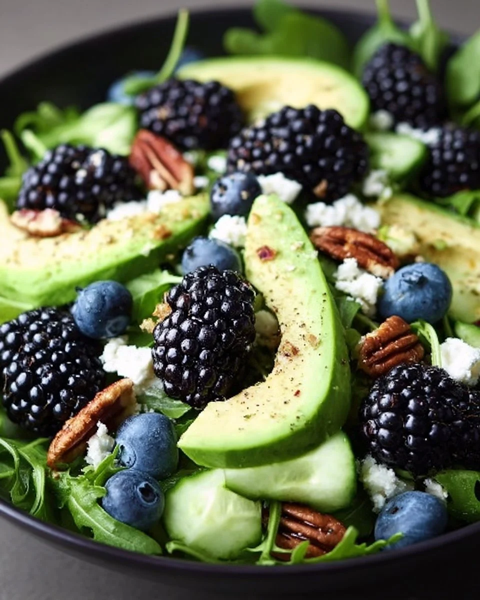 A vibrant Blackberry Avocado Salad with fresh ingredients and colorful presentation.