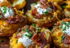 Delicious Blackstone loaded smashed potatoes topped with cheese and bacon