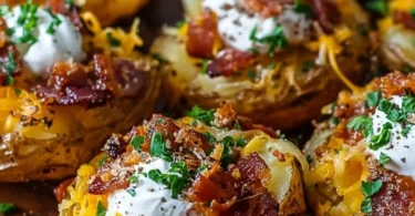 Delicious Blackstone loaded smashed potatoes topped with cheese and bacon