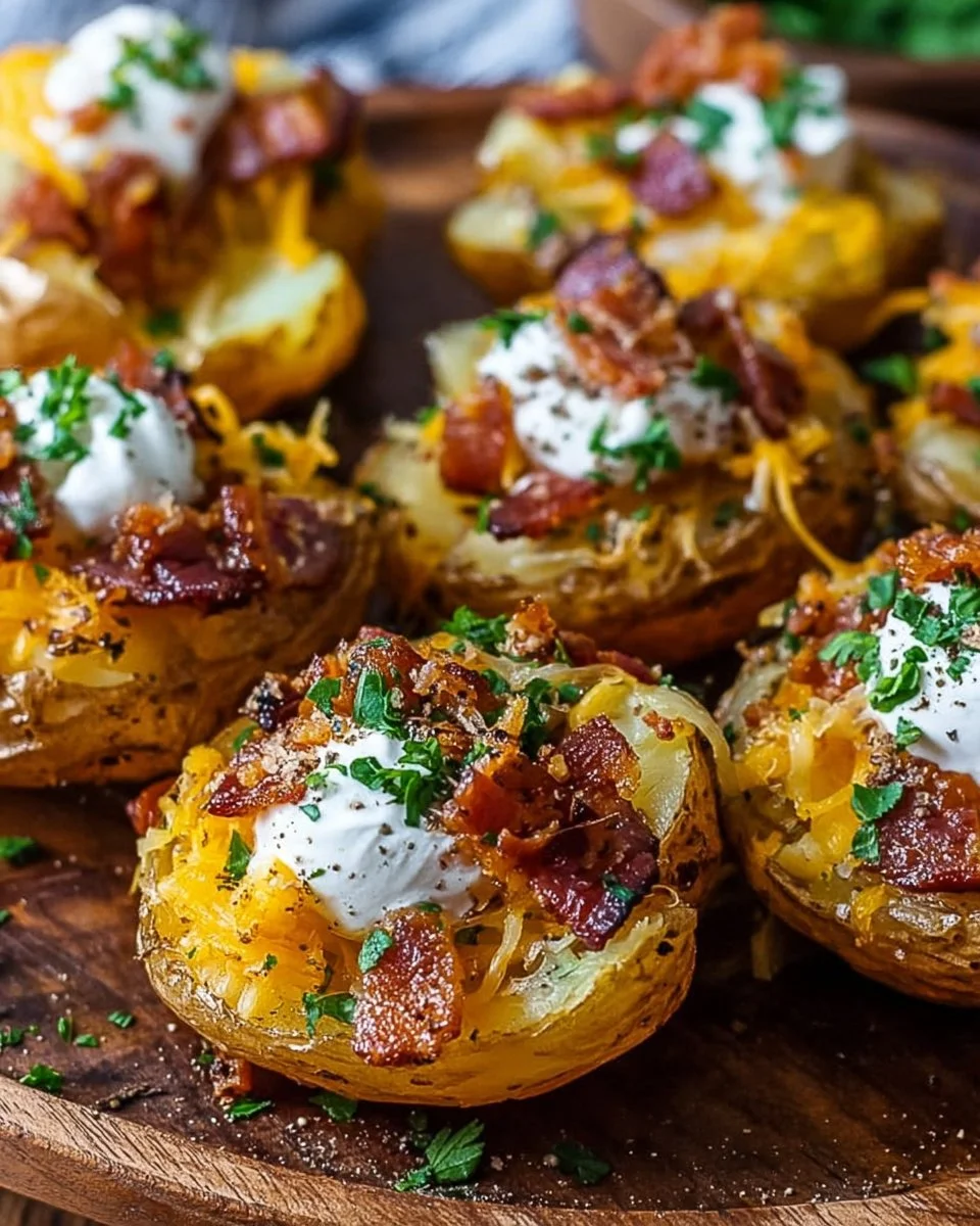 Delicious Blackstone loaded smashed potatoes topped with cheese and bacon