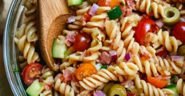 Delicious Bloody Mary Pasta Salad with fresh veggies and bold flavors