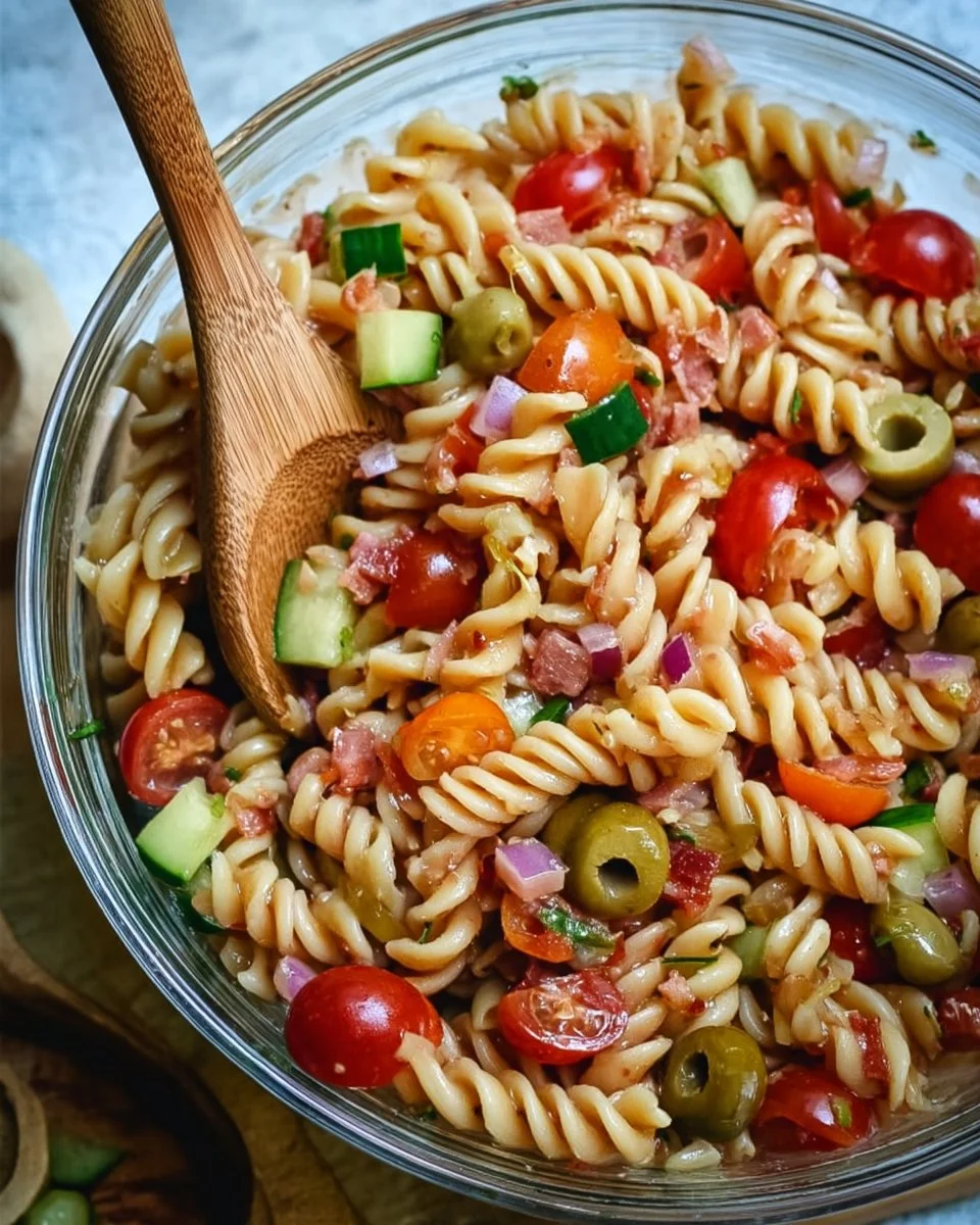 Delicious Bloody Mary Pasta Salad with fresh veggies and bold flavors