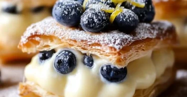 Delicious Blueberry Lemon Cream Pastries on a rustic wooden table