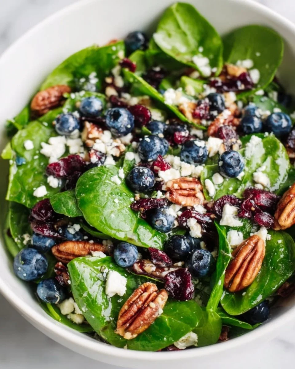 Blueberry spinach salad topped with honey balsamic dressing and fresh ingredients.