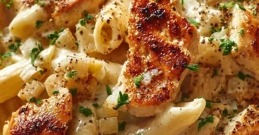 Boursin Chicken Pasta topped with fresh herbs and Parmesan cheese