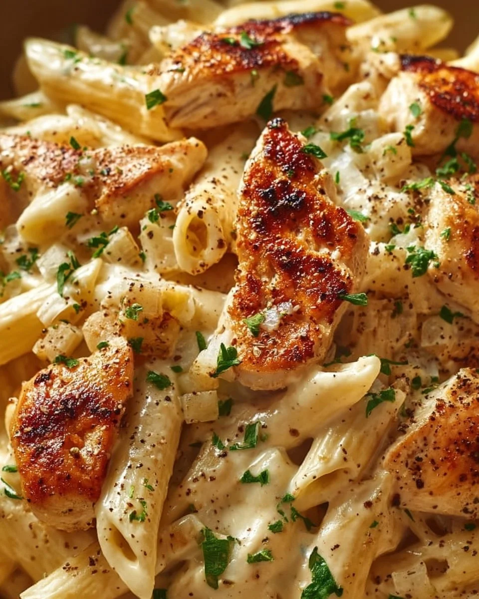 Boursin Chicken Pasta topped with fresh herbs and Parmesan cheese