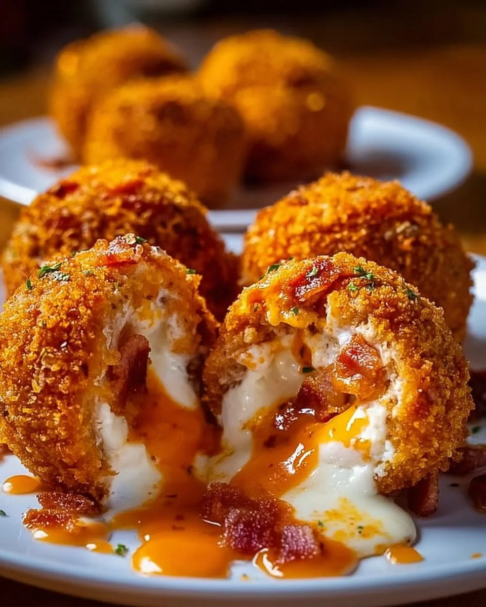Buffalo Chicken Bacon Mozzarella Bombs on a platter for game day enjoyment.
