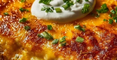 Cheesy baked burrito casserole dish topped with melted cheese and fresh toppings