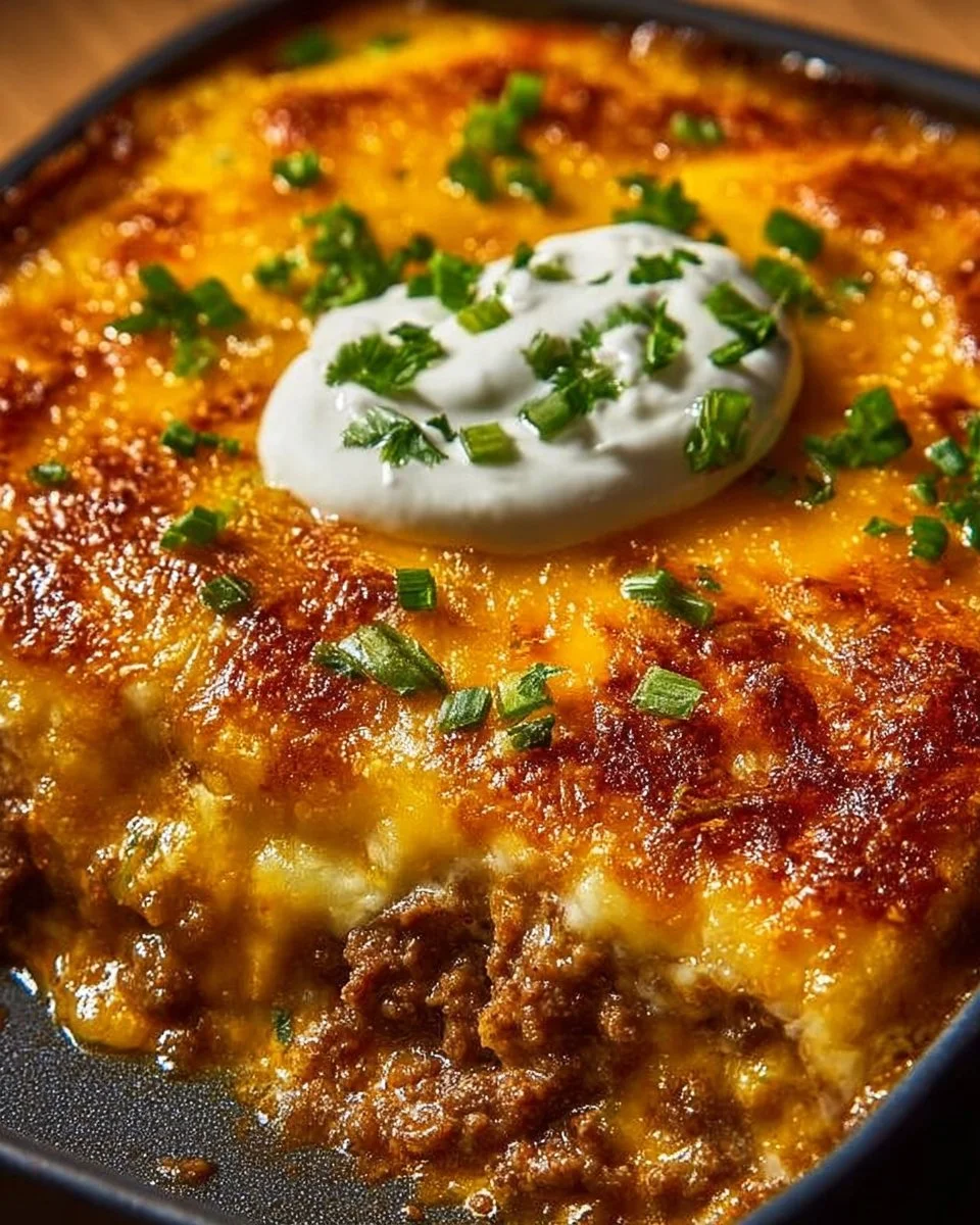 Cheesy baked burrito casserole dish topped with melted cheese and fresh toppings