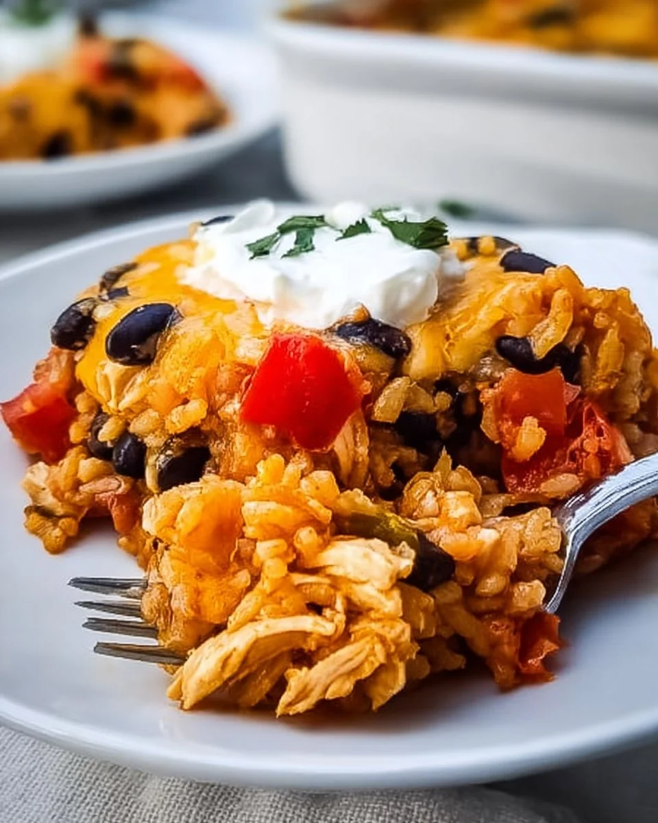 Cheesy chicken taco casserole with black beans in a baking dish