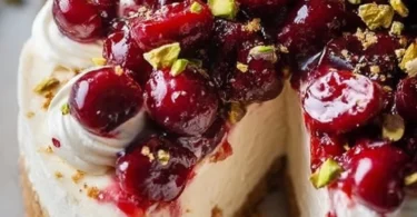 Delicious Cherry Pistachio Cheesecake topped with cherries and pistachios.