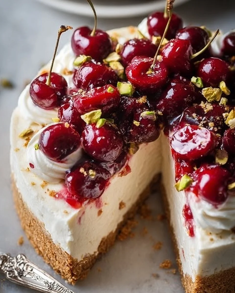 Delicious Cherry Pistachio Cheesecake topped with cherries and pistachios.