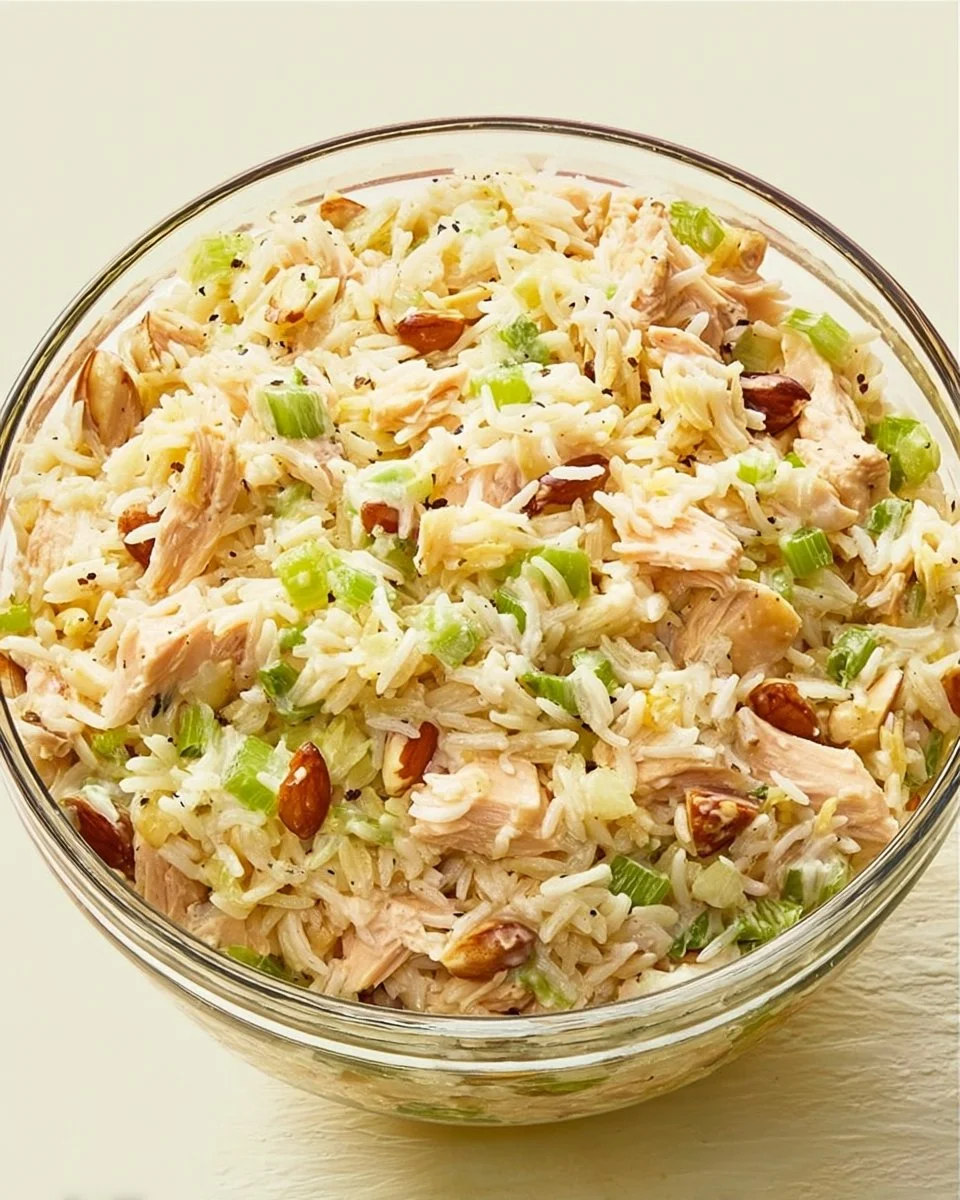 Delicious Chicken Rice Salad topped with fresh vegetables and dressing