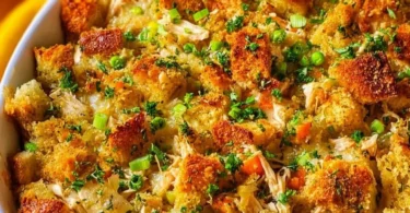 Delicious Chicken and Stuffing Casserole served in a baking dish