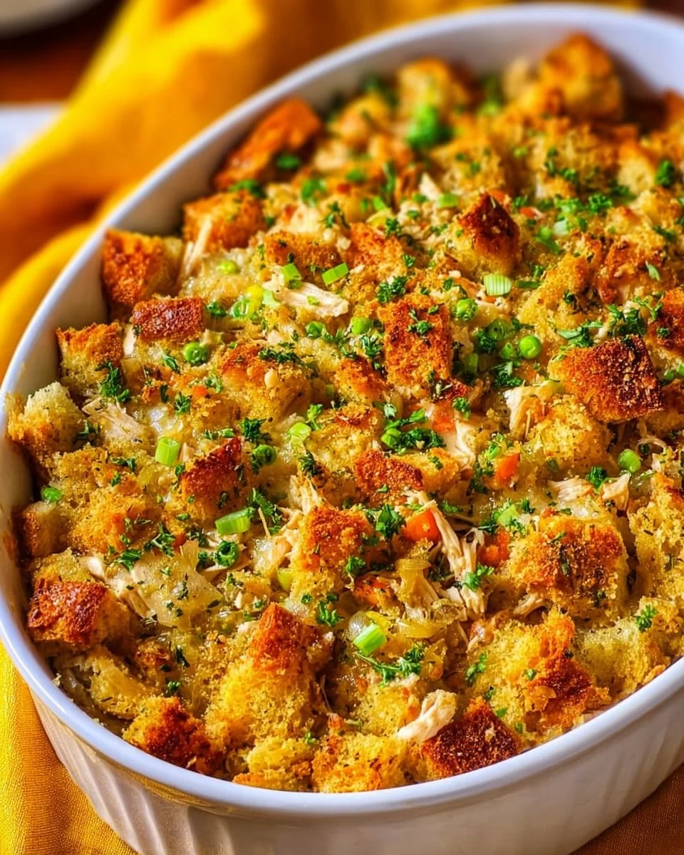 Delicious Chicken and Stuffing Casserole served in a baking dish