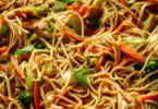Delicious Chicken Chow Mein served with fresh vegetables and savory noodles.