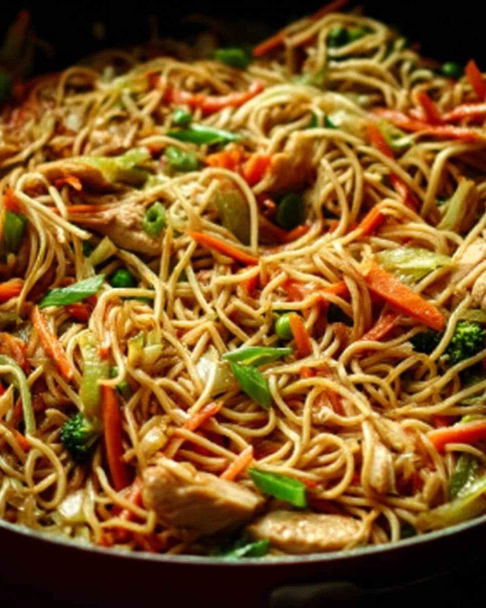 Delicious Chicken Chow Mein served with fresh vegetables and savory noodles.