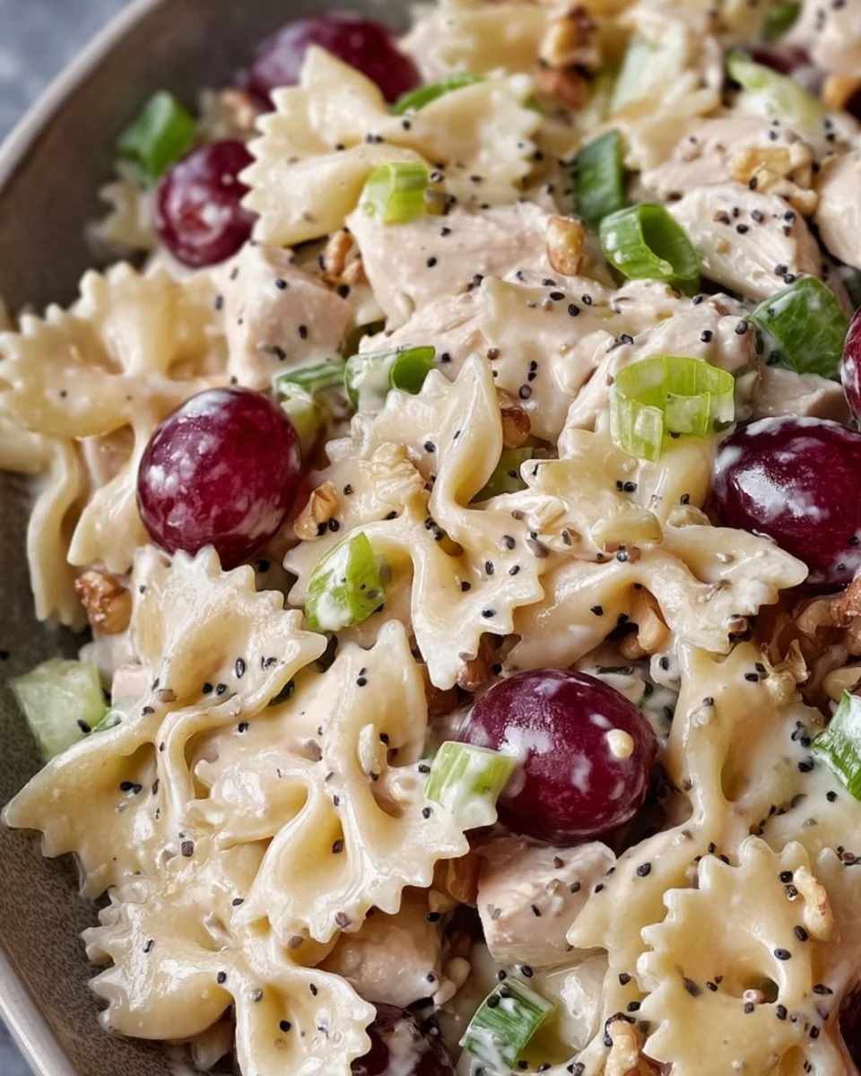 Chicken grape pasta salad with poppy seed dressing on a serving dish