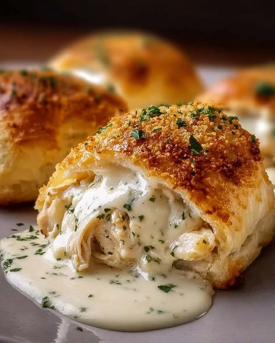 Delicious chicken pillows served with creamy Parmesan sauce, perfect for cozy dinners.
