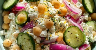 Cottage cheese chickpea salad bowl with fresh vegetables