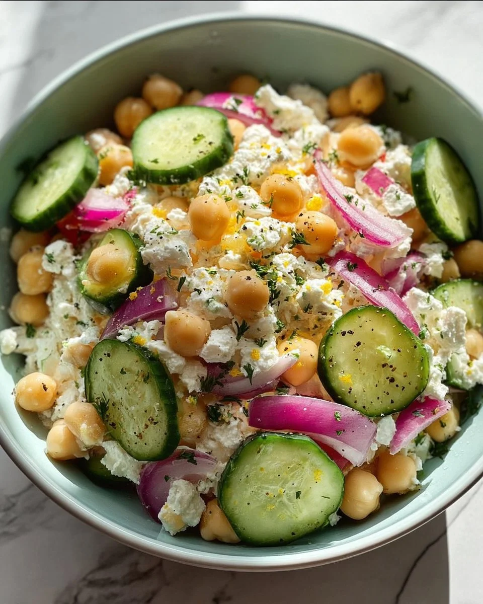 Cottage cheese chickpea salad bowl with fresh vegetables