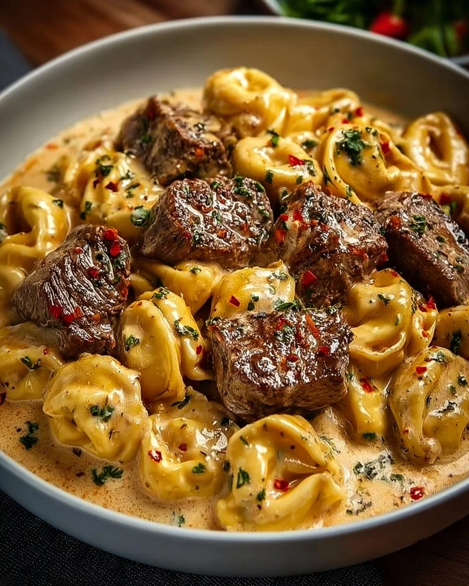 Creamy Cracked Garlic Steak Tortellini with a rich sauce