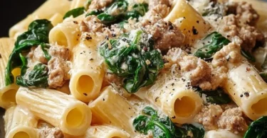 Creamy ground turkey spinach pasta dish in a bowl