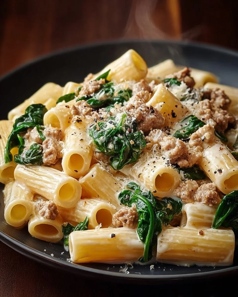 Creamy ground turkey spinach pasta dish in a bowl
