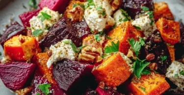 Creamy roasted beet salad featuring sweet potato and feta cheese