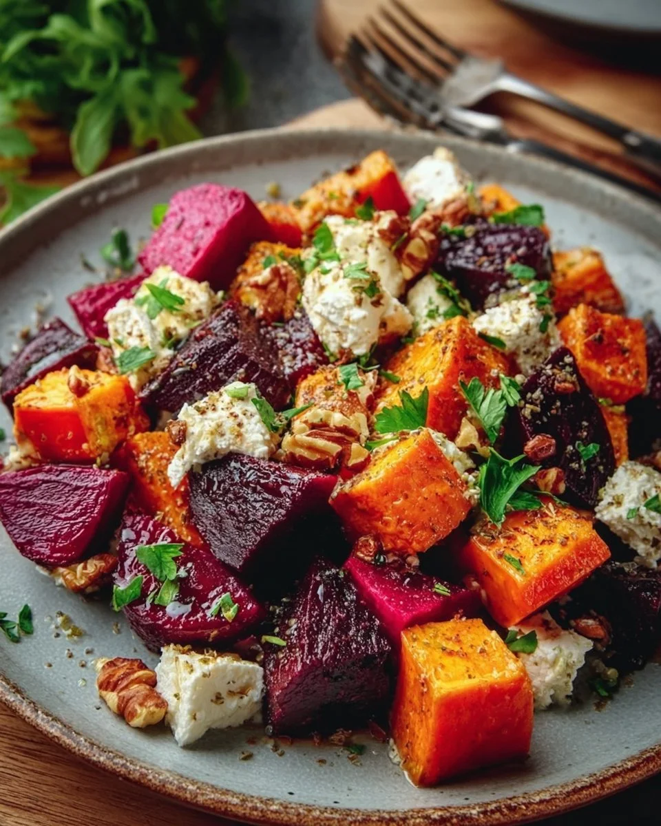 Creamy roasted beet salad featuring sweet potato and feta cheese