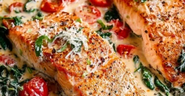 Creamy Tuscan Salmon with spinach and sun-dried tomatoes