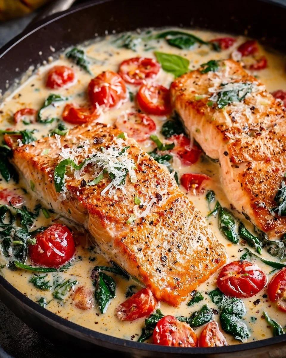 Creamy Tuscan Salmon with spinach and sun-dried tomatoes