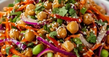 A colorful crispy chickpea salad drizzled with peanut-lime dressing.