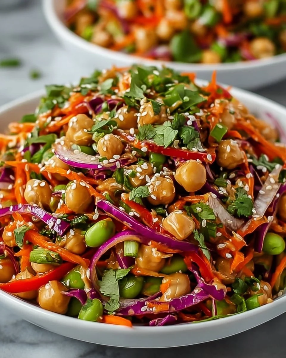 A colorful crispy chickpea salad drizzled with peanut-lime dressing.